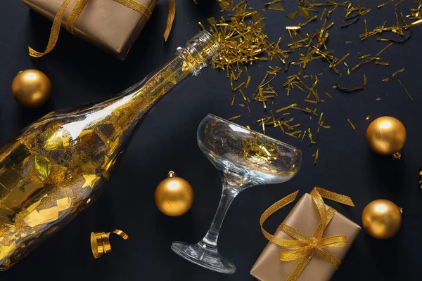 Champagne Glass Bottle Golden Confetti Gift Boxes Beautiful Decorations Dark — Stock Photo, Image