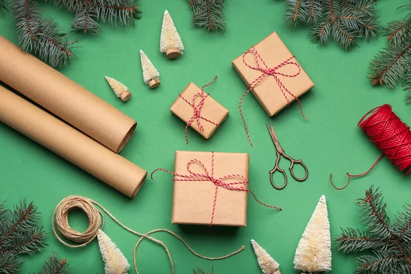 Conjunto Para Embalar Presentes Natal Fundo Verde — Fotografia de Stock