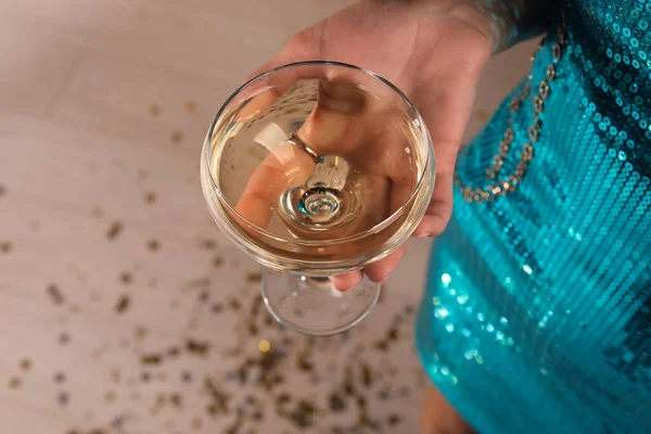 Woman Beautiful Dress Holding Glass Champagne Closeup — Stock Photo, Image