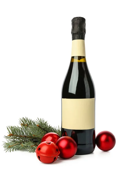 Bottle Champagne Fir Branch Christmas Balls White Background — Stock Photo, Image