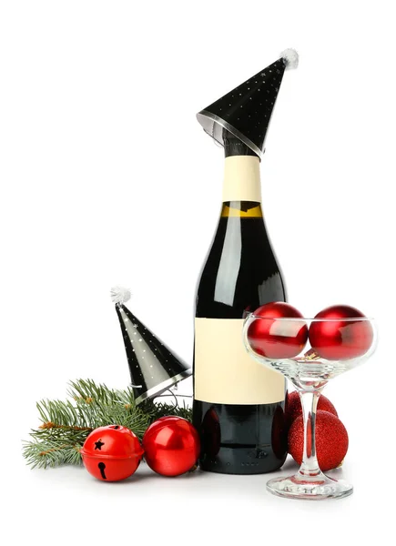 Bottle Champagne Christmas Balls Party Hats White Background — Stock Photo, Image