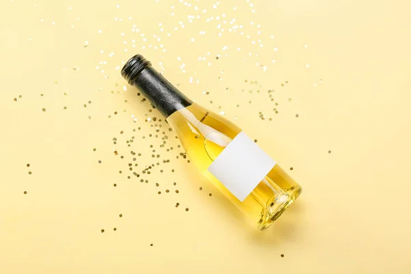 Bottle Champagne Confetti Color Background — Stock Photo, Image