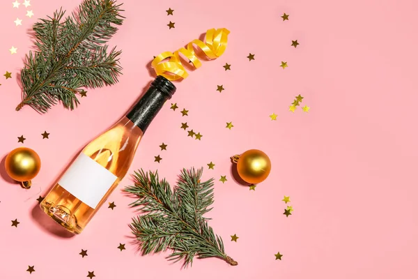 Composition Bottle Champagne Christmas Decor Pink Background — Stock Photo, Image