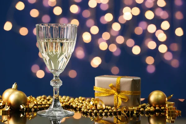 Glass Champagne Christmas Decorations Gift Box Table Blurred Lights Stock Picture