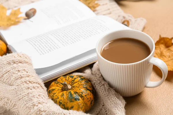 Cup Tasty Coffee Book Autumn Decor Beige Background — Stock Photo, Image