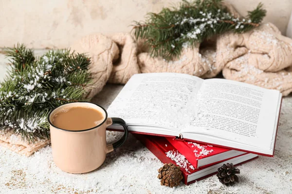 Cup Tasty Coffee Book Christmas Decor Light Background — Stock Photo, Image