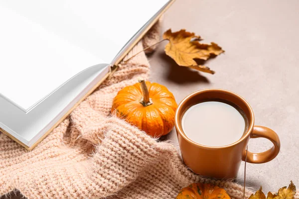 Cup Tasty Coffee Blank Book Pumpkins Beige Background — Stock Photo, Image