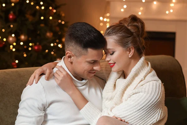 Happy Young Couple Having Romantic Date Christmas Eve — Stock Photo, Image