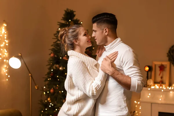 Happy Young Couple Having Romantic Date Christmas Eve — Stock Photo, Image