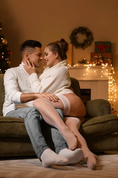 Happy Young Couple Having Romantic Date Christmas Eve — Stock Photo, Image
