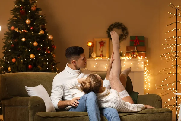 Happy Young Couple Having Romantic Date Christmas Eve — Stock Photo, Image