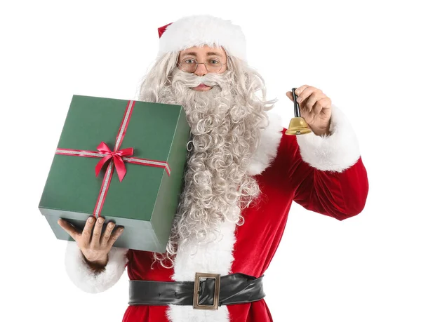 Weihnachtsmann Mit Weihnachtsglocke Und Geschenk Auf Weißem Hintergrund — Stockfoto