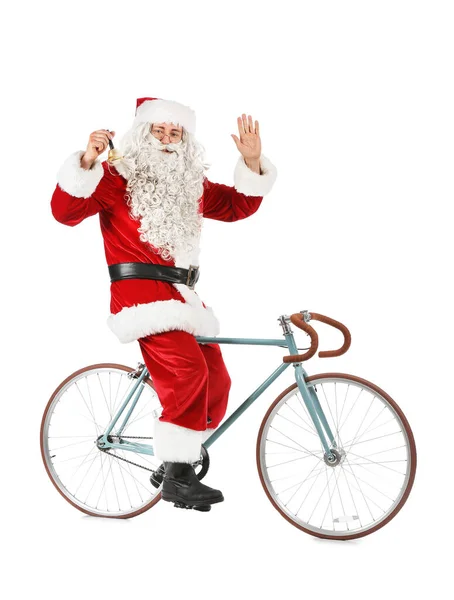 Kerstman Met Kerstbel Fiets Witte Achtergrond — Stockfoto