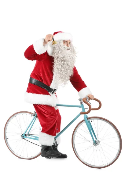 Papai Noel Com Sino Natal Bicicleta Fundo Branco — Fotografia de Stock