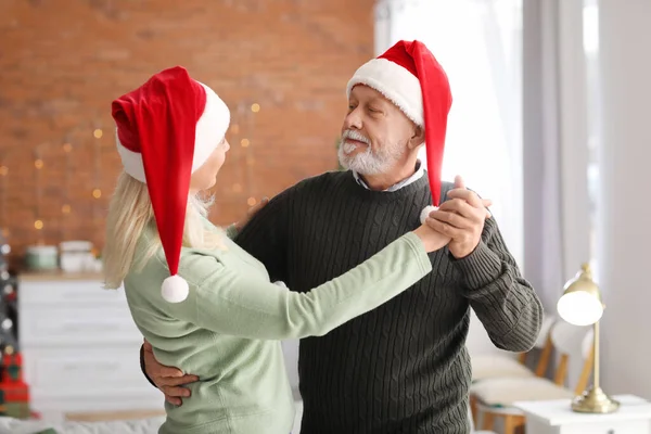 Happy Mature Couple Dancing Home Christmas Eve — Stock Photo, Image