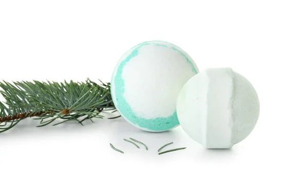 Bath Bombs Fir Branch White Background — Stock Photo, Image