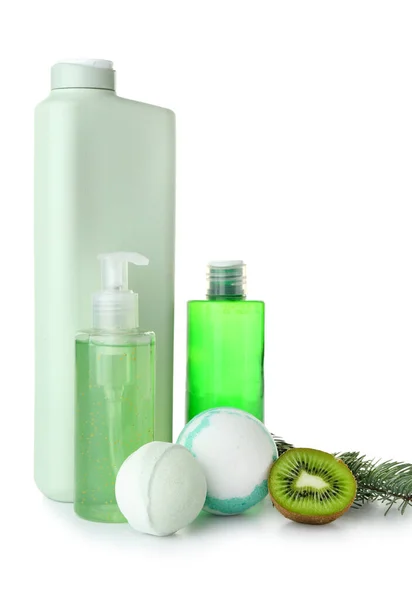 Bottles Cosmetic Products Bath Bombs Kiwi White Background — Stock Photo, Image