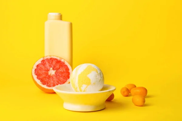 Bowl Bath Bomb Citrus Fruits Bottle Cosmetic Product Color Background — Stock Photo, Image