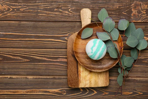 Composition Bath Bomb Eucalyptus Branches Wooden Background — Stock Photo, Image