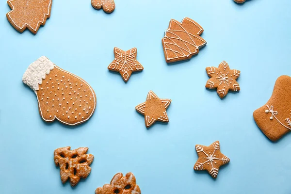 Delicious Gingerbread Cookies Color Background — Stock Photo, Image