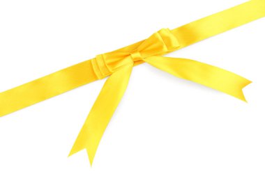 Beyaz arka plan üzerinde sarı kurdeleden yapılmış fiyonk