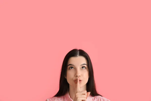 Young Woman Showing Silence Gesture Color Background — Stock Photo, Image