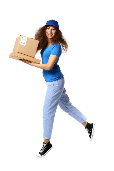 Jumping African American Courier Parcels White Background — Stock Photo, Image