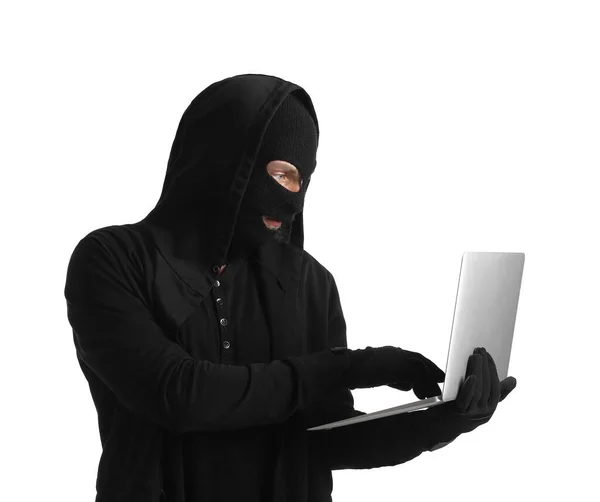 Hacker Con Computer Portatile Sfondo Bianco — Foto Stock