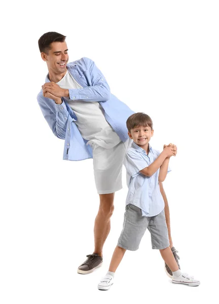 Танцюючий Чоловік Його Маленький Син Білому Тлі — стокове фото