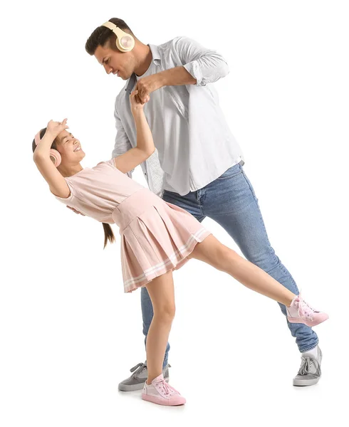 Dancing Man His Little Daughter White Background — Stock Photo, Image