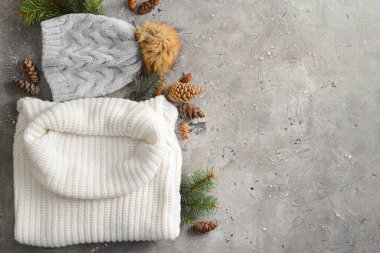 Kış giysileri, köknar ağacı dalları ve arka planda çam kozalakları.