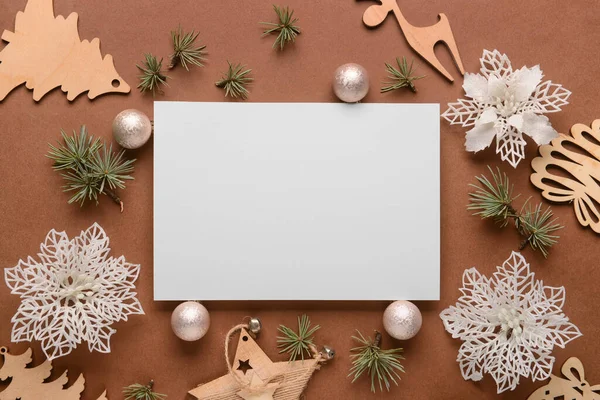 Blank Card Christmas Decor Brown Background — Stock Photo, Image