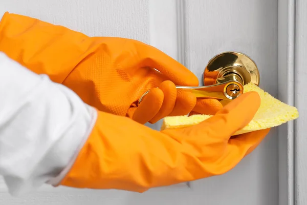 Woman Gloves Cleaning Door Handle Sponge Closeup — Stock Photo, Image