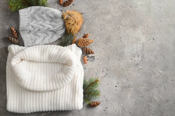 Kış giysileri, köknar ağacı dalları ve arka planda çam kozalakları.