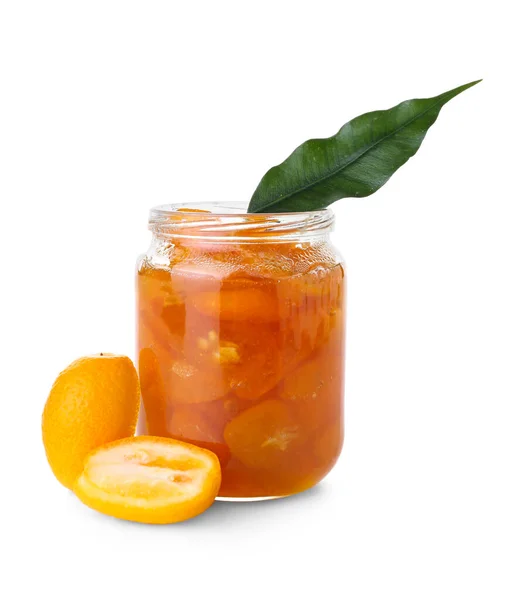 Jar Tasty Kumquat Jam Fresh Fruits White Background — Stock Photo, Image