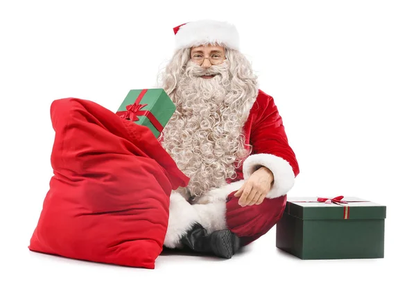 Santa Claus Con Cajas Regalo Bolsa Sobre Fondo Blanco — Foto de Stock