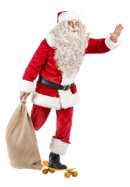 Babbo Natale Con Sacco Skateboard Sfondo Bianco — Foto Stock