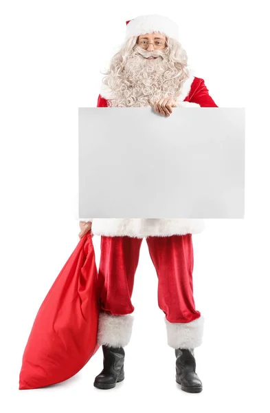 Santa Claus Мішком Чистим Аркушем Паперу Білому Фоні — стокове фото