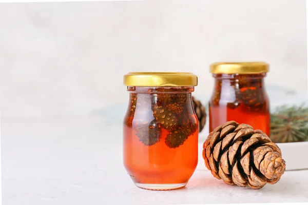 Jars Tasty Pine Cone Jam Light Background — Stock Photo, Image