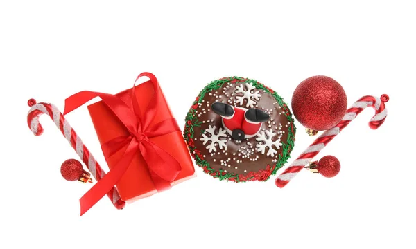 Tasty Christmas Donut Balls Candy Canes Gift White Background — Stock Photo, Image