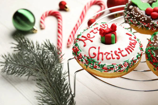 Grid Tasty Christmas Donuts White Background Closeup — Stock Photo, Image