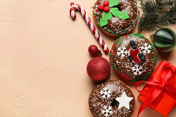 Tasty Christmas Donuts Fir Tree Branch Balls Candy Cane Beige — Stock Photo, Image