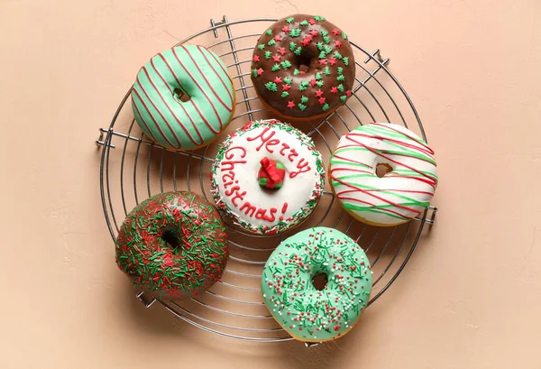 Grid Tasty Christmas Donuts Beige Background — Stock Photo, Image