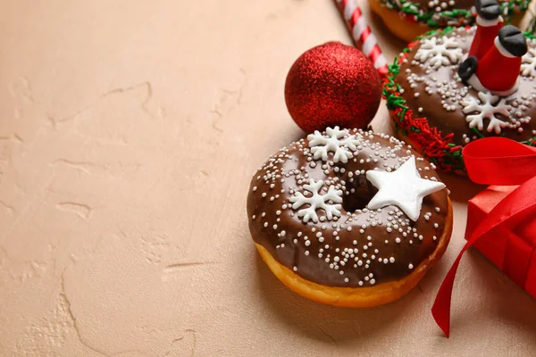 Tasty Christmas Donuts Beige Background Closeup — Stock Photo, Image
