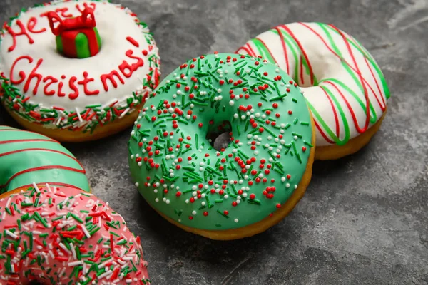 Tasty Christmas Donuts Grey Background Closeup — Stock Photo, Image