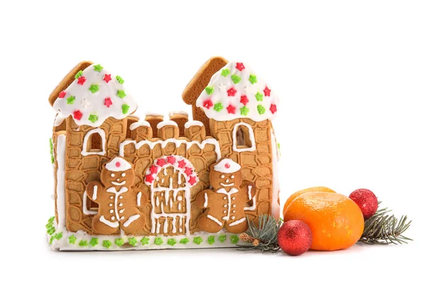 Beautiful Gingerbread House Tangerine Christmas Decor Isolated White Background — Stock Photo, Image