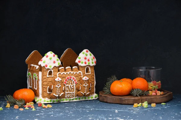 Gingerbread House Tangerines Table — Stock Photo, Image