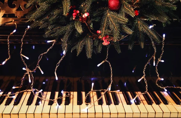 Grand Piano Fir Branches Glowing Lights Closeup — Stock Photo, Image