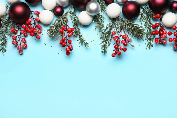 Beautiful Christmas Composition Balls Confetti Rowan Berries Blue Background — Stock Photo, Image