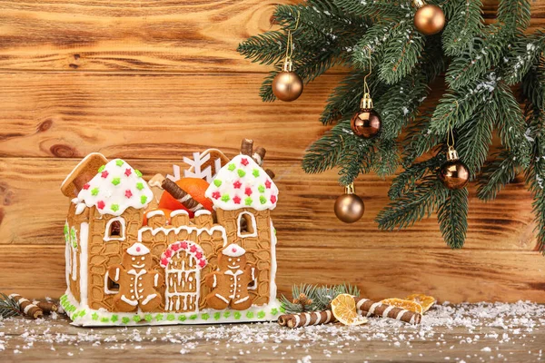 Beautiful Gingerbread House Christmas Decor Wooden Background — Stock Photo, Image